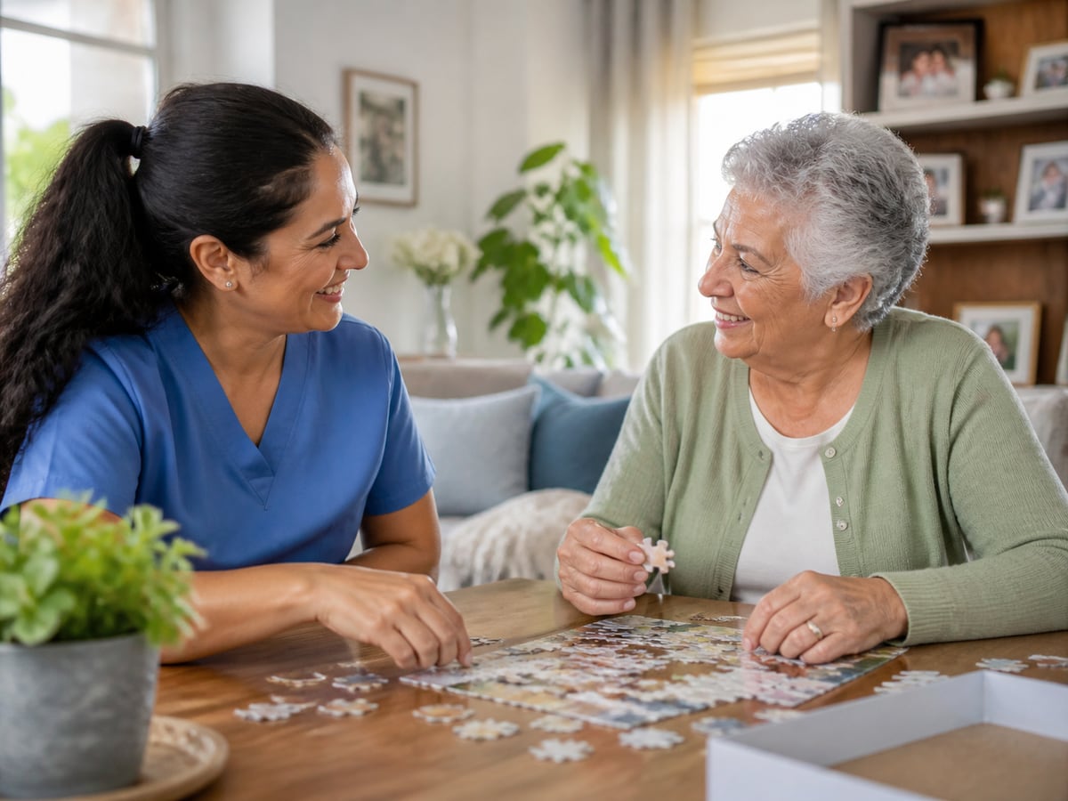 Caregiver and older adult spending time together with a puzzle at home.