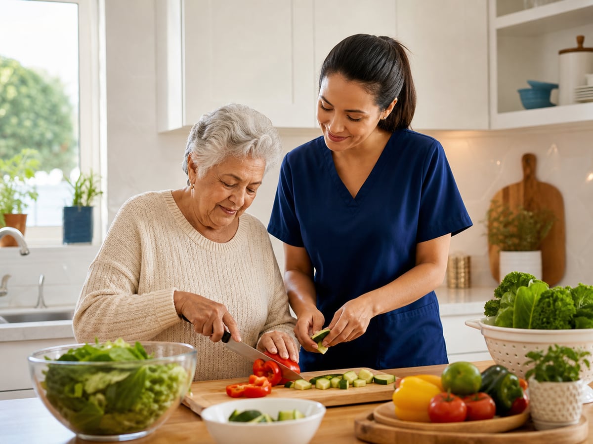 Caregiver and older adult preparing vegetables together in a home kitchen.