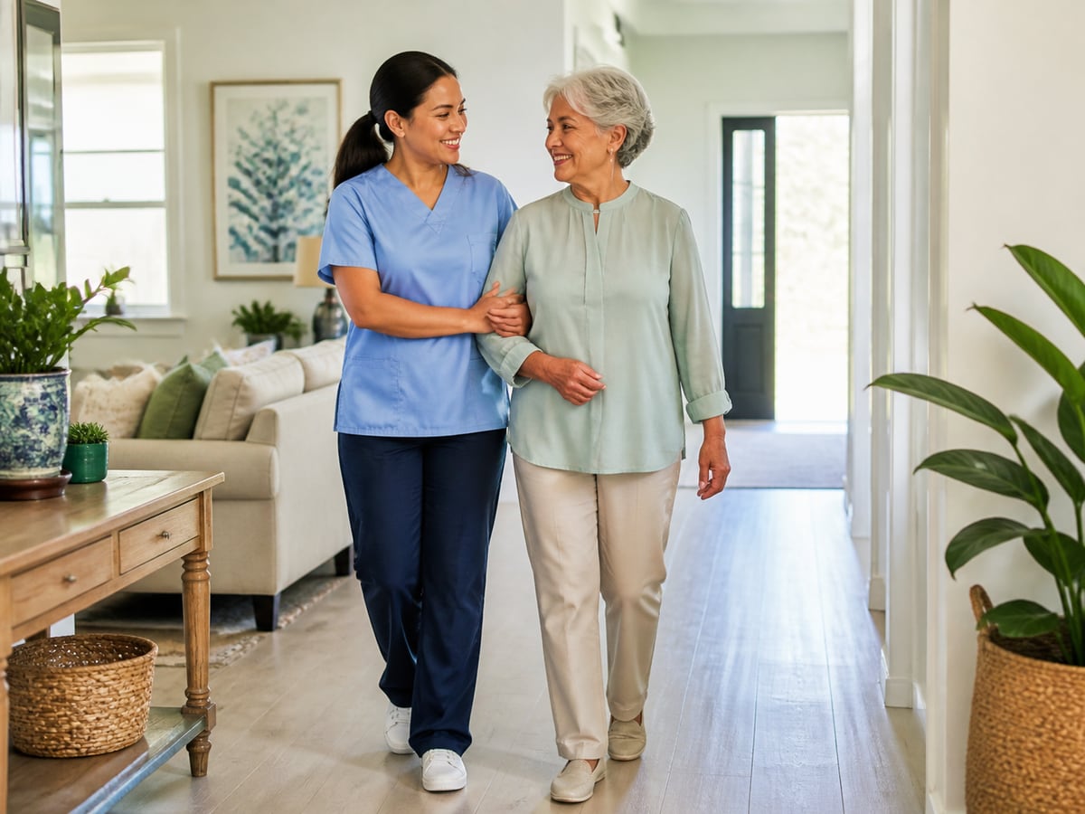 Caregiver supporting an older adult while walking through a bright home.