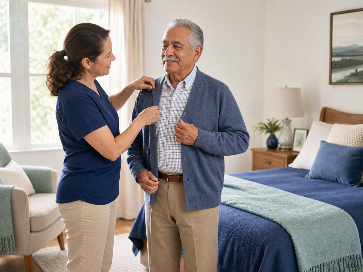 Caregiver helping an older man adjust a cardigan during a morning routine at home.